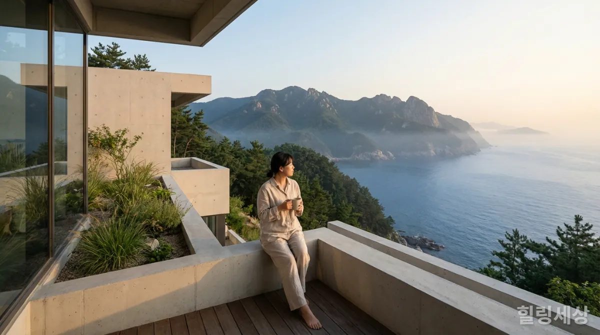 강원도 감성 숙소 발코니에서 자연을 감상하며 휴식하는 모습