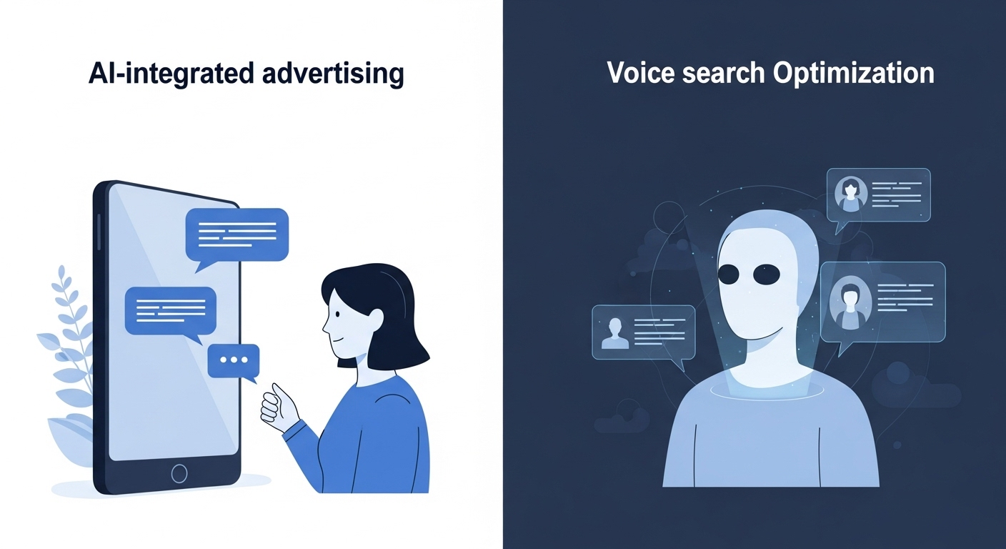 AI 통합형 광고와 음성 검색 최적화가 결합된 미래형 마케팅 전략을 보여주는 이미지.