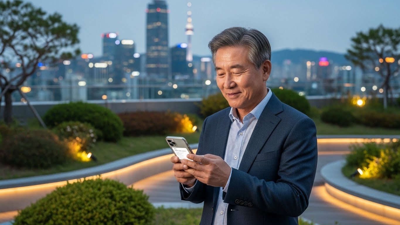 서울의 야경을 배경으로 스마트 기기를 활용해 정보를 확인하는 활동적인 시니어의 실사 이미지