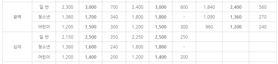 광역버스 및 심야버스 요금 안내 화면