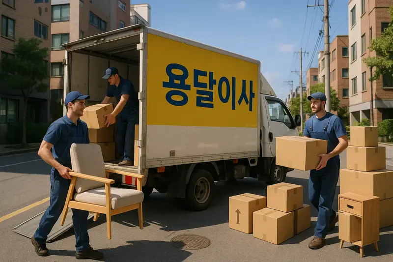 이삿짐을 나르고 있는 용달이사 직원들의 모습, 아파트 단지 앞 이삿짐 트럭