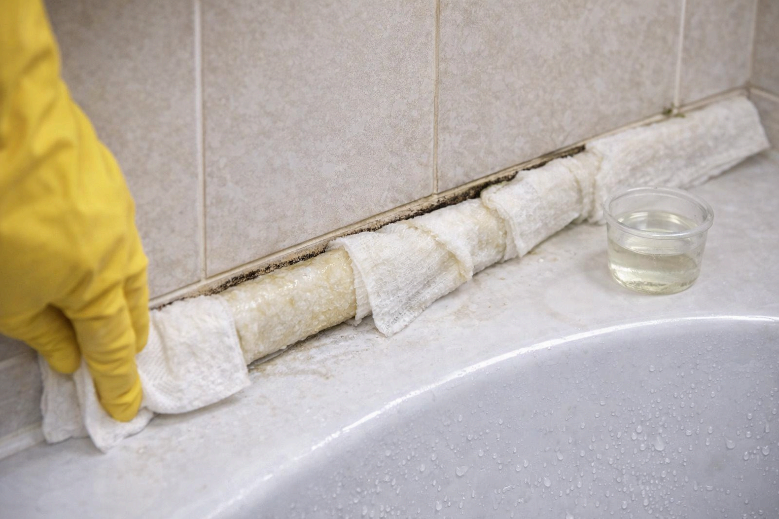 욕실 실리콘 곰팡이 제거 키친타월과 락스 팩 사용 모습