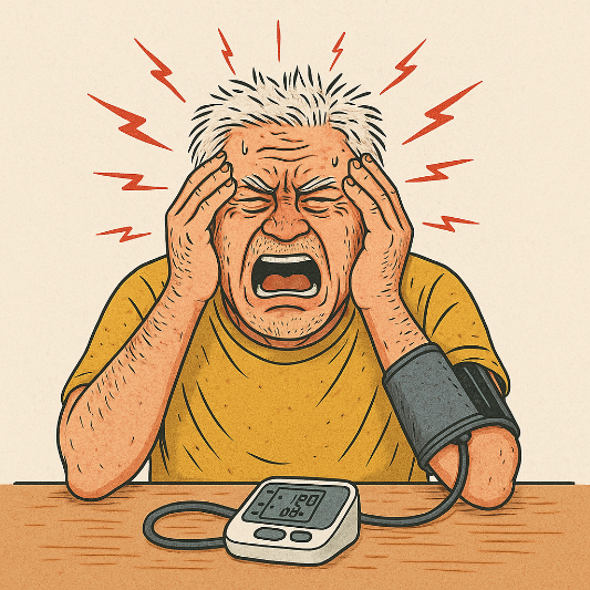 혈압때문에-힘들어하는-60대-남성의-모습을-일러스트로-익살스럽게-표현