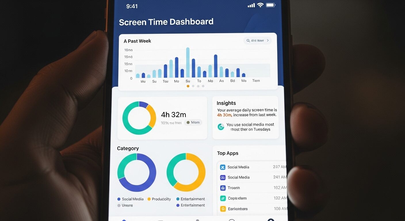 AI 앱으로 스마트폰 사용 습관을 분석하는 스크린타임 대시보드 화면