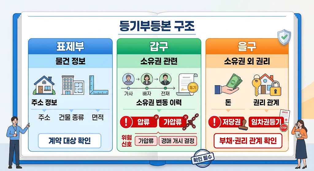 등기부등본 구조 안내 인포그래픽 - 표제부 갑구 을구 역할과 확인해야 할 위험 항목 시각화
