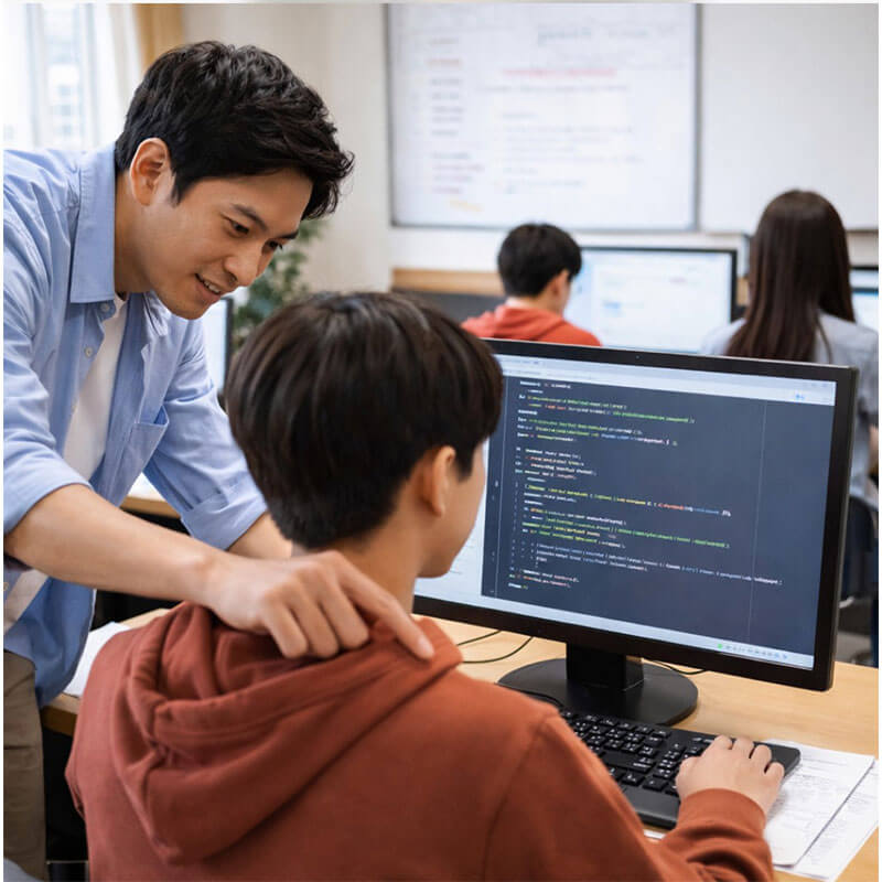 교육기관에서 선배 강사의 수업을 참관하며 강사 트레이닝을 받는 장면