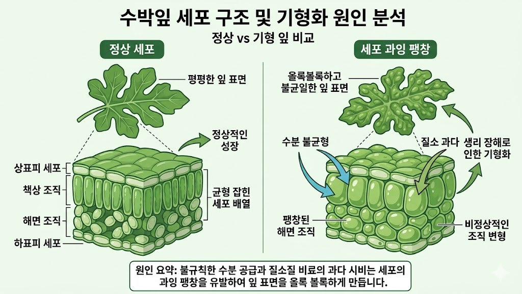 정상적인 수박잎 세포의 고른 배열과 수분 불균형 및 질소 과다 시비로 인해 팽창된 해면 조직 세포를 비교하여 잎 표면이 올록볼록하게 기형화되는 원리를 설명하는 시각 자료.