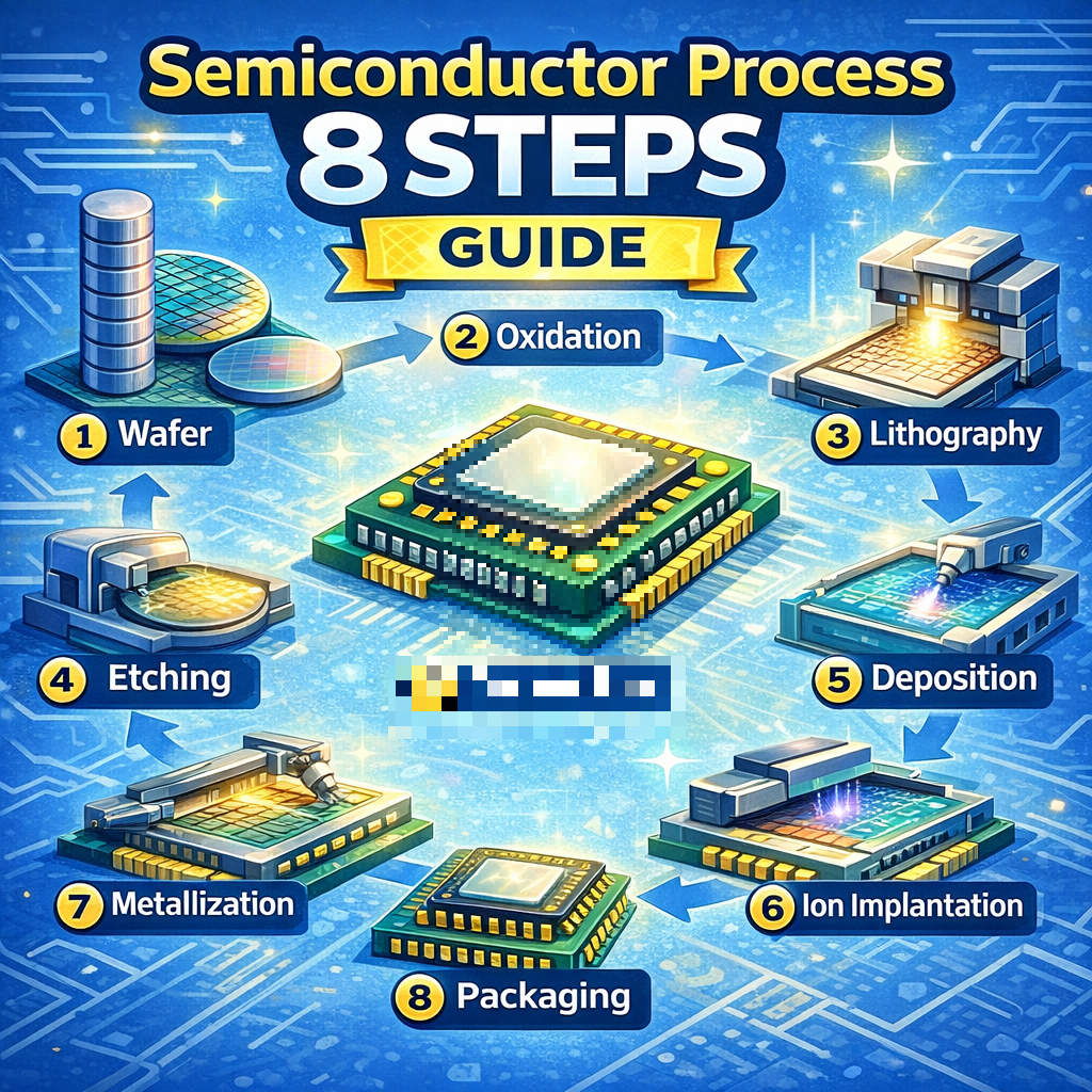 semiconductor process 8 steps infographic wafer lithography etching deposition ion implantation packaging diagram