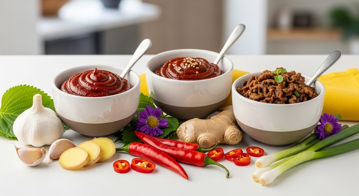 다양한 한국 소스(고추장, 쌈장 등)들이 현대적인 주방에 놓여 전 세계인의 요리에 활용될 준비를 하는 모습.