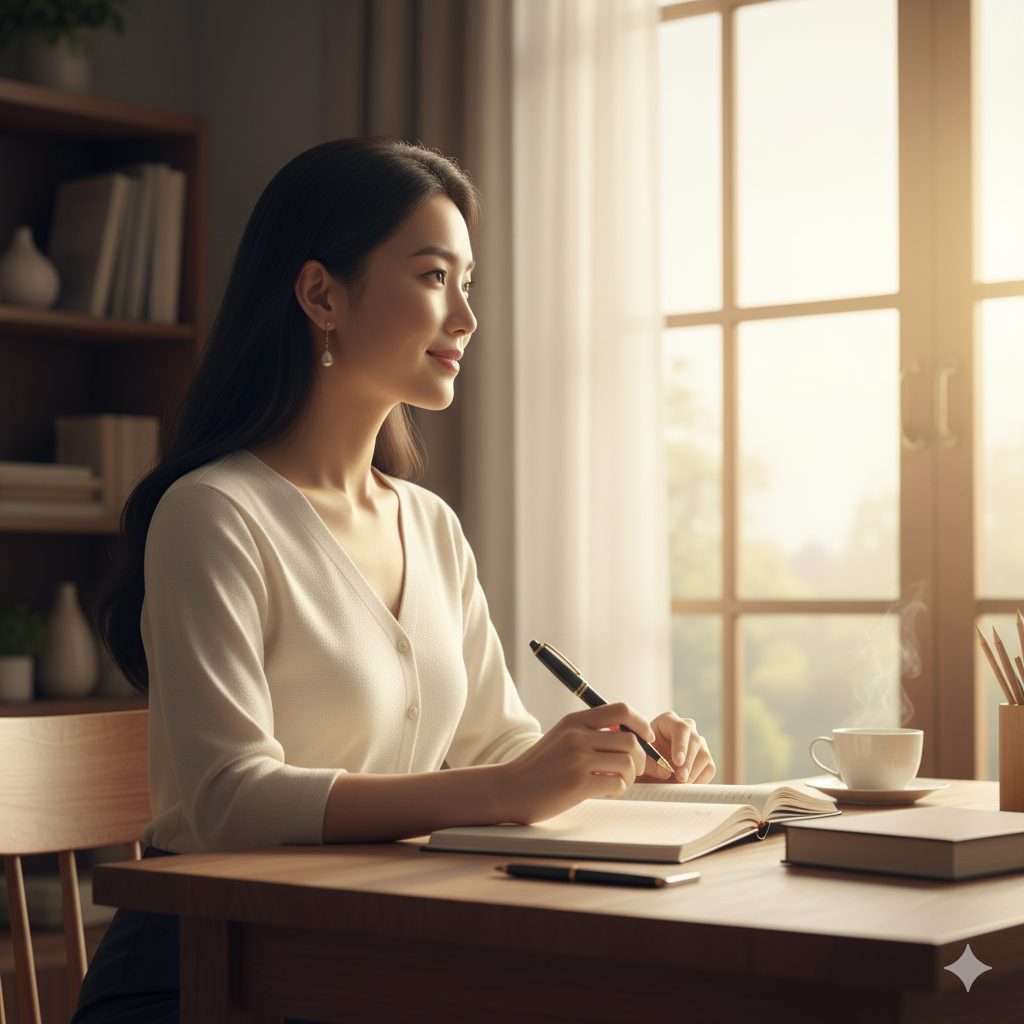 새해 아침, 창밖 햇살을 바라보며 펜을 든 채 잠시 사색하는 여성