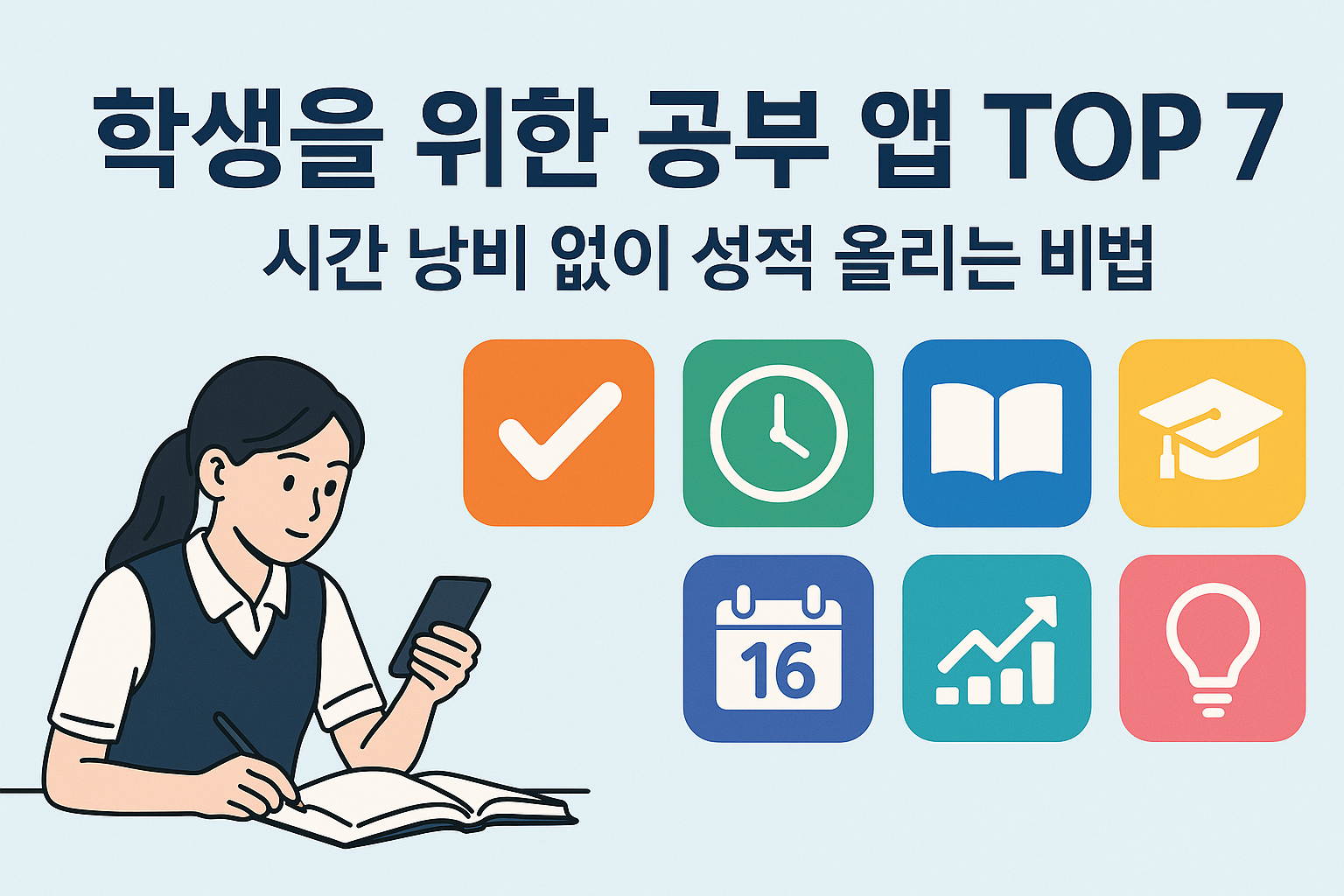 학생-공부-스마트폰-공부앱-아이콘-나열-시간절약-성적향상-문구포함