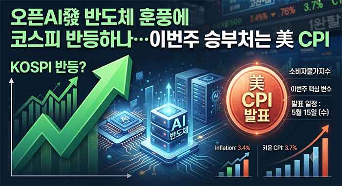 오픈AI 반도체 훈풍과 미 CPI 발표를 다룬 경제 뉴스 이미지.