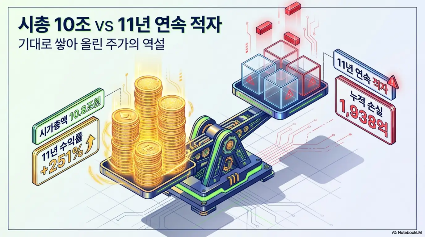 두산로보틱스 주가 전망: &rsquo;시총 10조 vs 11년 연속 적자&rsquo;라는 문구와 시가총액 10.8조원&middot;11년 수익률 251% 동전 더미가 누적 손실 1&amp;#44;938억원과 저울로 대비된 이미지. 이 이미지는 기대로 쌓아 올린 두산로보틱스 주가의 역설을 시각적으로 전달하며&amp;#44; 블로그의 두산로보틱스 주가 전망 주제와 관련된 내용을 설명함 