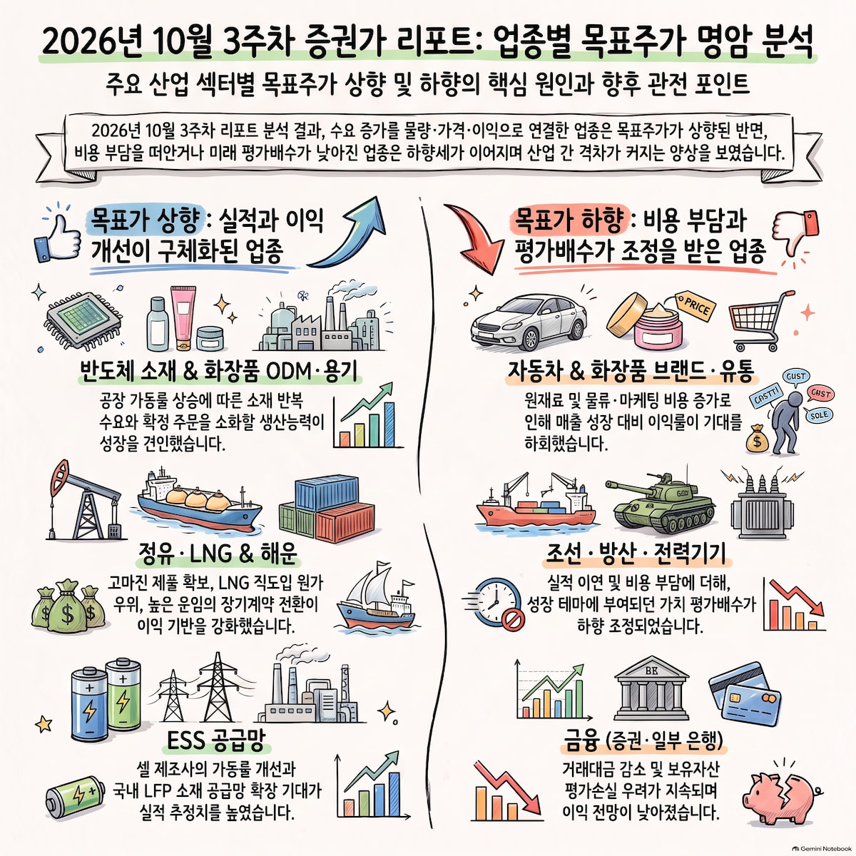 반도체 소재·정유·해운은 상향, 자동차·소비는 하향 지속|2026년 10월 3주차 리포트 분석