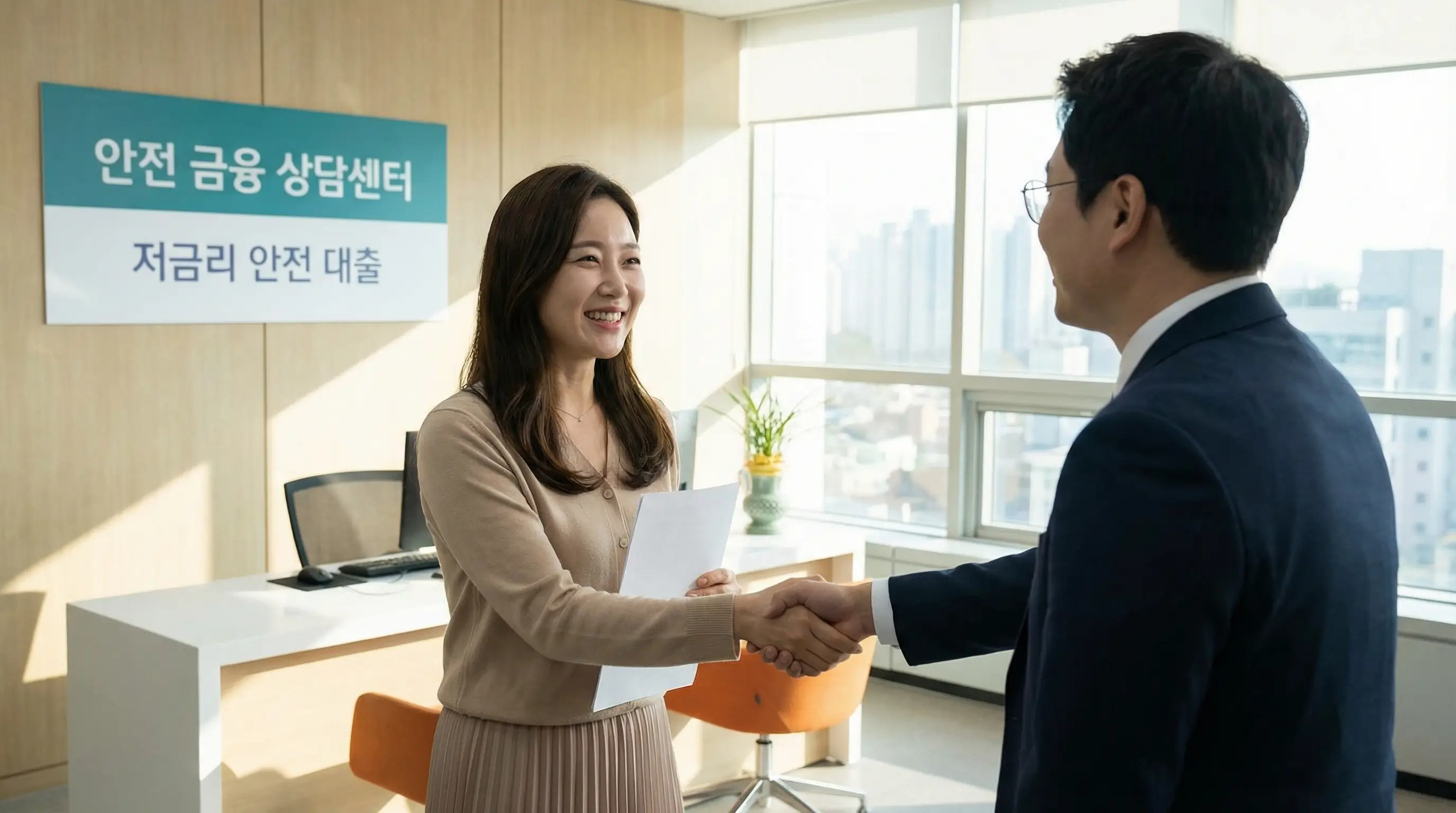 안전한 대부업체와 상담하여 자금을 마련하고 안심하는 금융 소비자의 밝은 표정