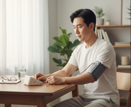 40대 남자가 혈압을 측정하고 있다