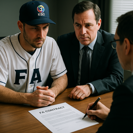 야구 에이전시 사무실에서 FA 계약을 앞두고 협상중인 선수와 구단 관계자