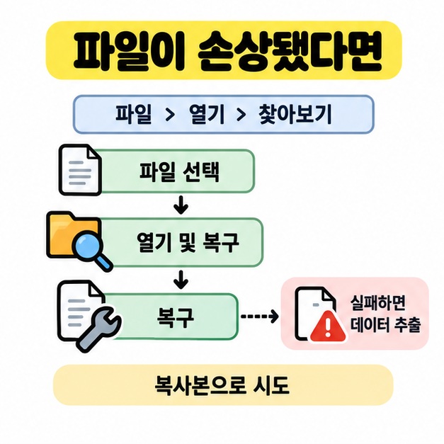 파일의 열기와 찾아보기에서 파일을 선택한 뒤 열기 및 복구를 시도하고 실패하면 데이터 추출로 분기하는 절차와 복사본 사용 안내