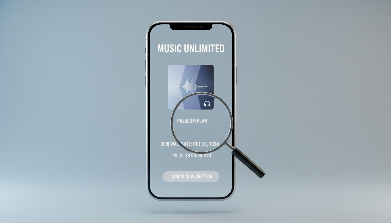 아이폰 화면에 돋보기를 대고 멜론 앱의 숨겨진 구독 취소 버튼을 찾는 일러스트