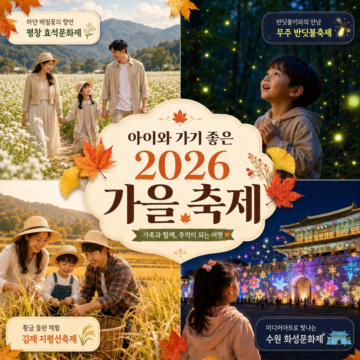 아이와 가기 좋은 2026 가을 축제 평창 무주 김제 수원 가족여행 비교 이미지