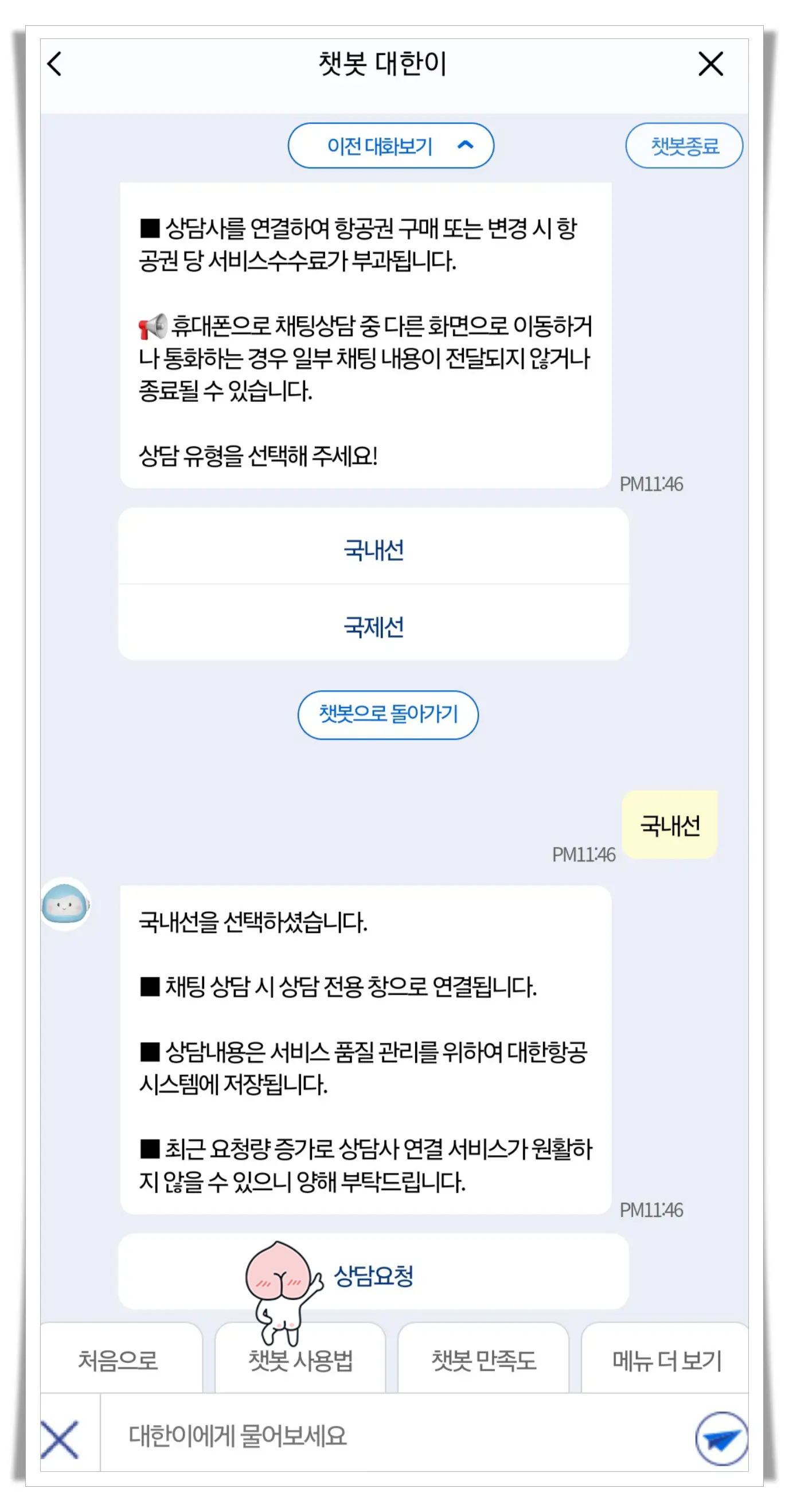 챗봇-대한이-상담원연결-국내선-국제선-선택창