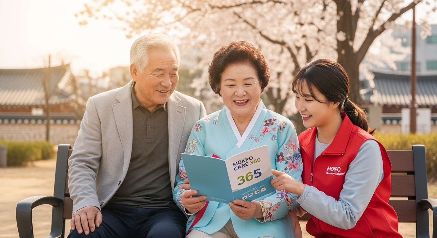 목포돌봄 365 정책으로 도움을 받아 행복해하는 목포의 노년 부부와 친절한 돌봄 인력의 모습
