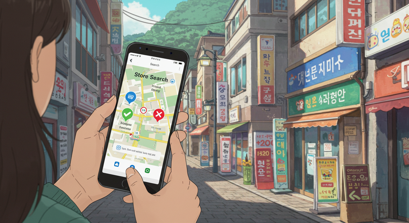 앱에서 온누리상품권 사용처를 검색하고 있는 여성