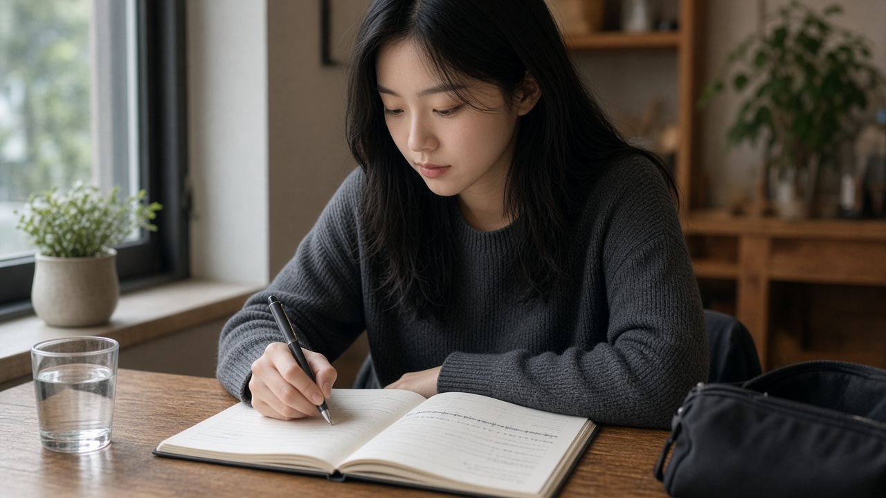 카페 테이블에서 한국사 연표 노트를 펼쳐 공부하는 20대 한국인 여성