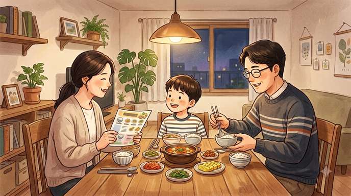저녁 식탁에서 급식표 보며 대화하는 가족