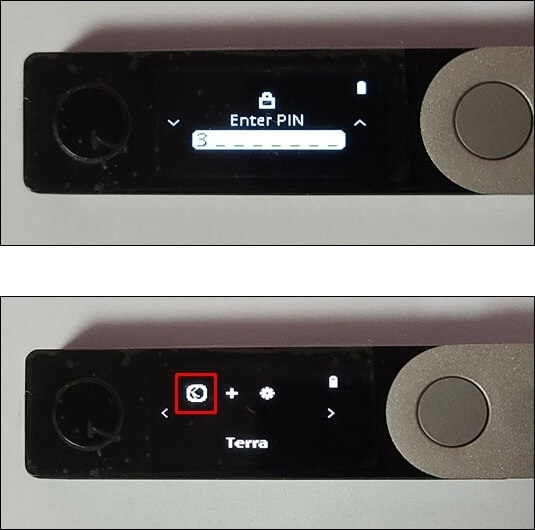 렛저 지갑에서 핀번호 입력과 테라앱 실행
