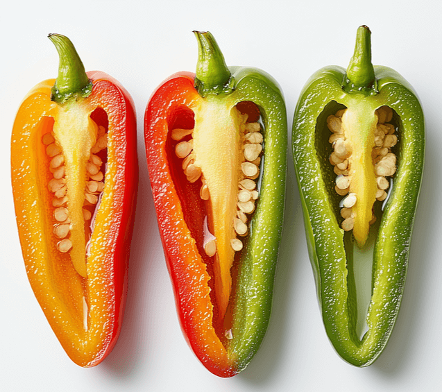 3개의 할라피뇨를 반으로 자른 단면이다. 노란색과 초록색 단면으로 속에는 하얀 고추씨가 가득하다.