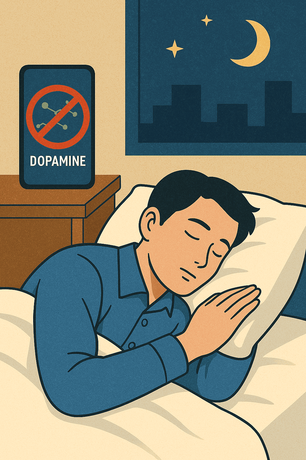 밤하늘과-별이-비치는-창밖을-배경으로-파란색-잠옷을-입은-하얀-피부의-한국인-남성이-편안한-표정으로-왼쪽-옆으로-누워-숙면을-취하고-있으며-침대-옆-협탁-위에는-도파민-분자와-금지-표시가-있는-스마트폰이-놓여-있는-장면을-따뜻한-빈티지-톤으로-표현한-일러스트