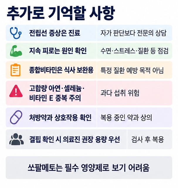 전립선 증상 피로 원인 종합비타민 고함량 중복 처방약 상호작용 결핍 검사 여부를 확인하는 50대 남성 영양제 체크리스트