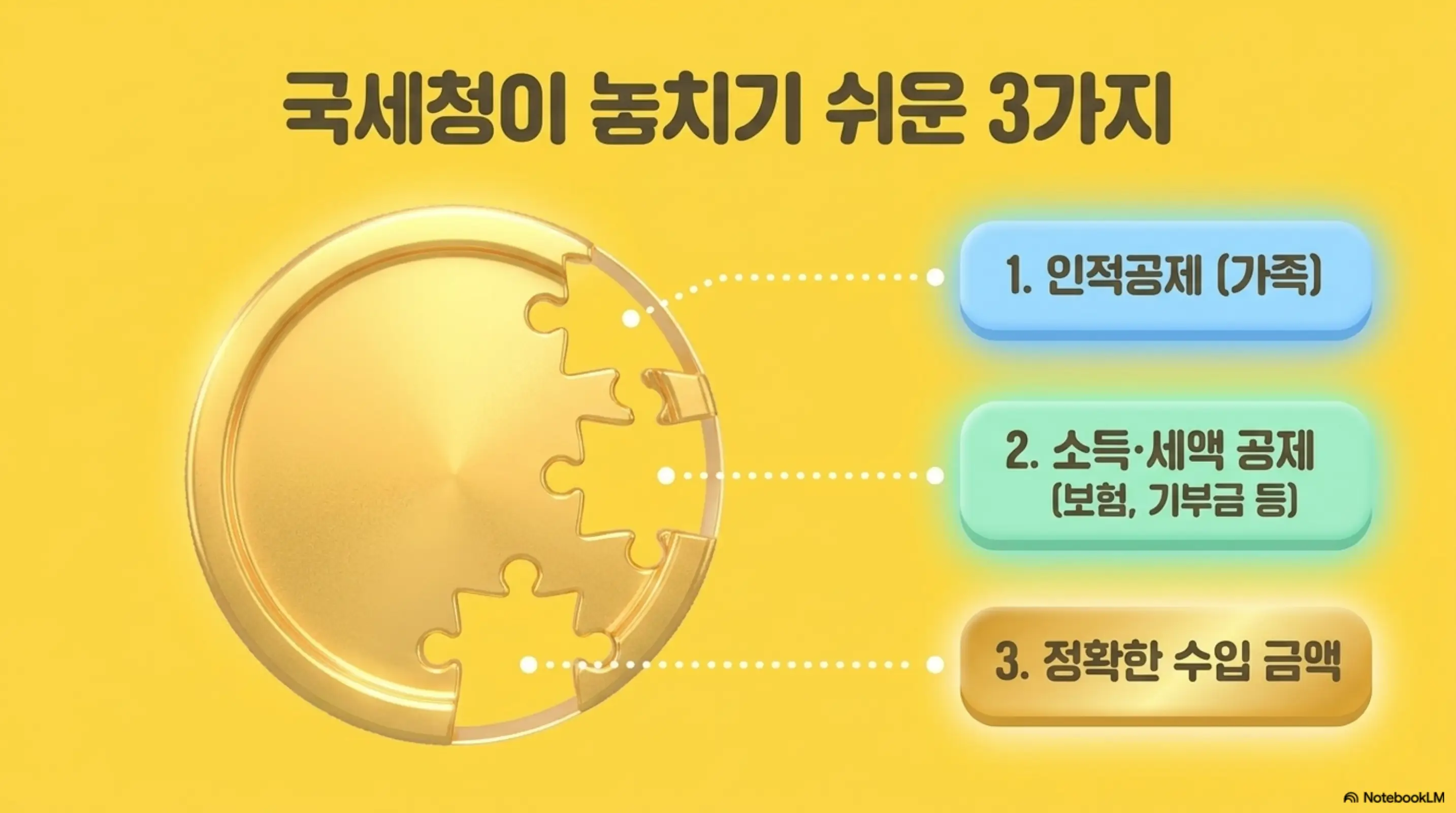 종합소득세 모두채움 공제 누락: 퍼즐 조각이 빠진 금색 동전 일러스트 옆에 '국세청이 놓치기 쉬운 3가지'라는 제목과 함께 1. 인적공제(가족) 2. 소득·세액 공제(보험, 기부금 등) 3. 정확한 수입 금액이 나열되어 있다. 이 이미지는 모두채움 신고서에서 자동 반영되지 않는 주요 공제 항목 3가지를 시각적으로 전달하며, 블로그의 모두채움 공제 누락 원인과 관련된 내용을 설명함