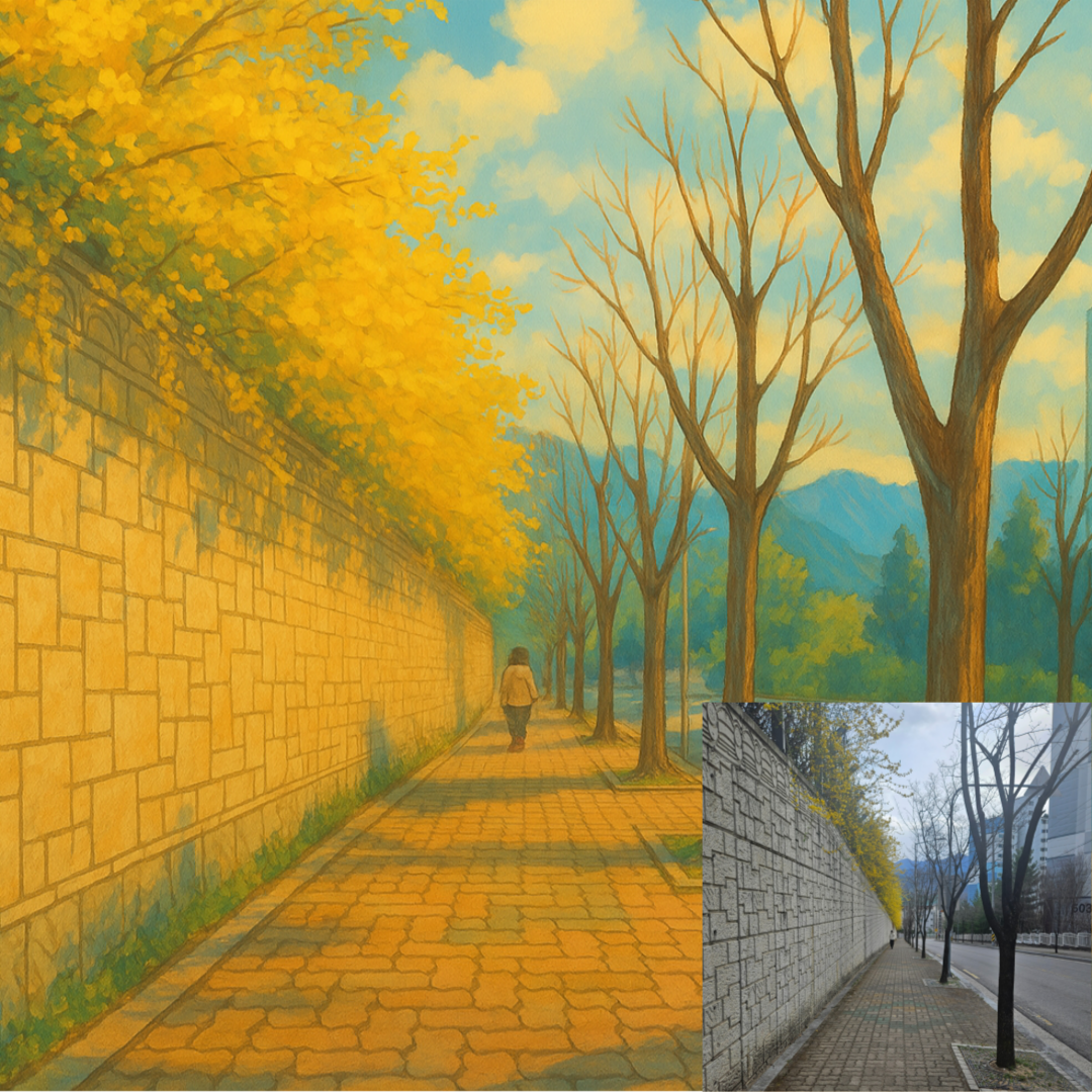 ChatGPT로 생성한 지브리 스타일 이미지와 원본 사진을 비교한 모습으로, 가로수길이 따뜻한 감성으로 표현됨