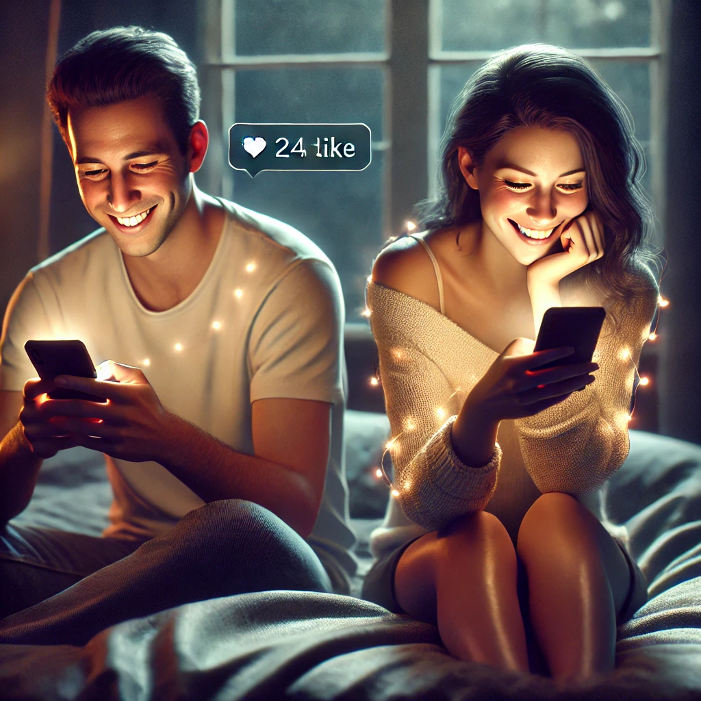 집에서 편안한 자세로 스마트폰을 보며 미소 짓는 남녀 (데이트 후 메시지를 주고받는 상황 표현)