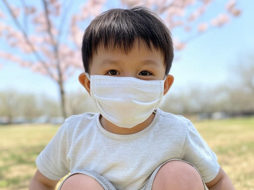 봄철 야외활동 중 알레르기 예방을 위해 마스크를 착용한 아이