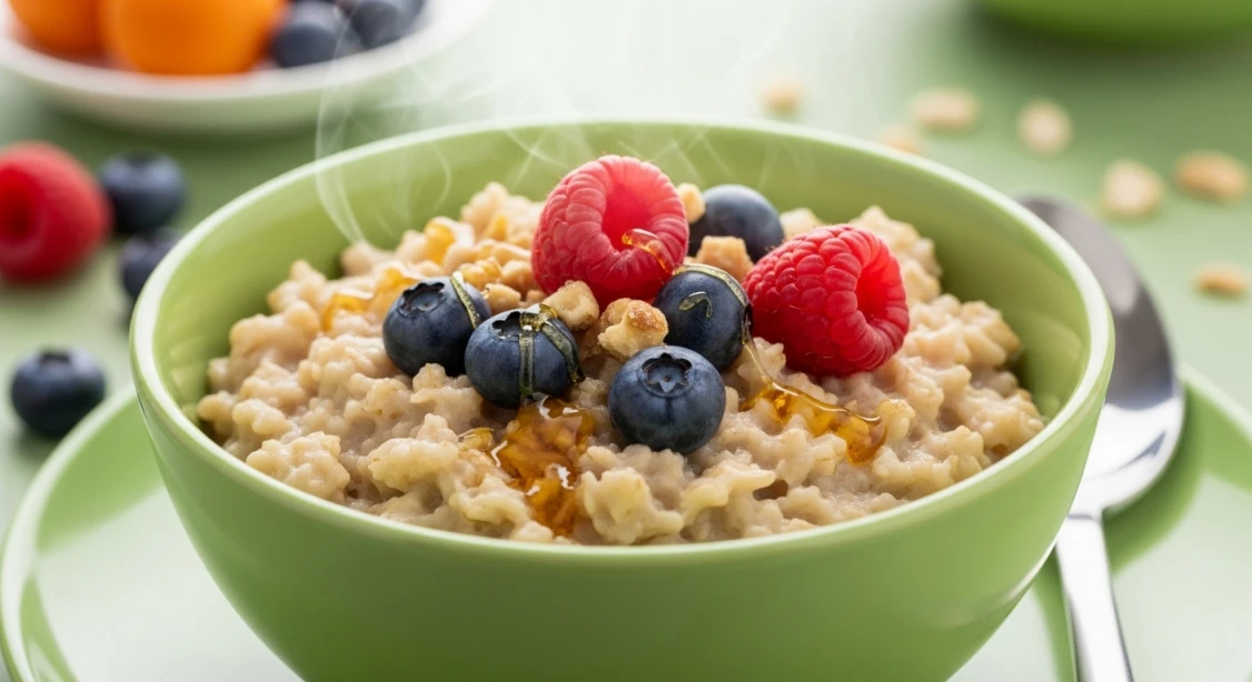 신선한 베리와 견과류가 토핑된 따뜻하고 먹음직스러운 귀리죽 한 그릇.