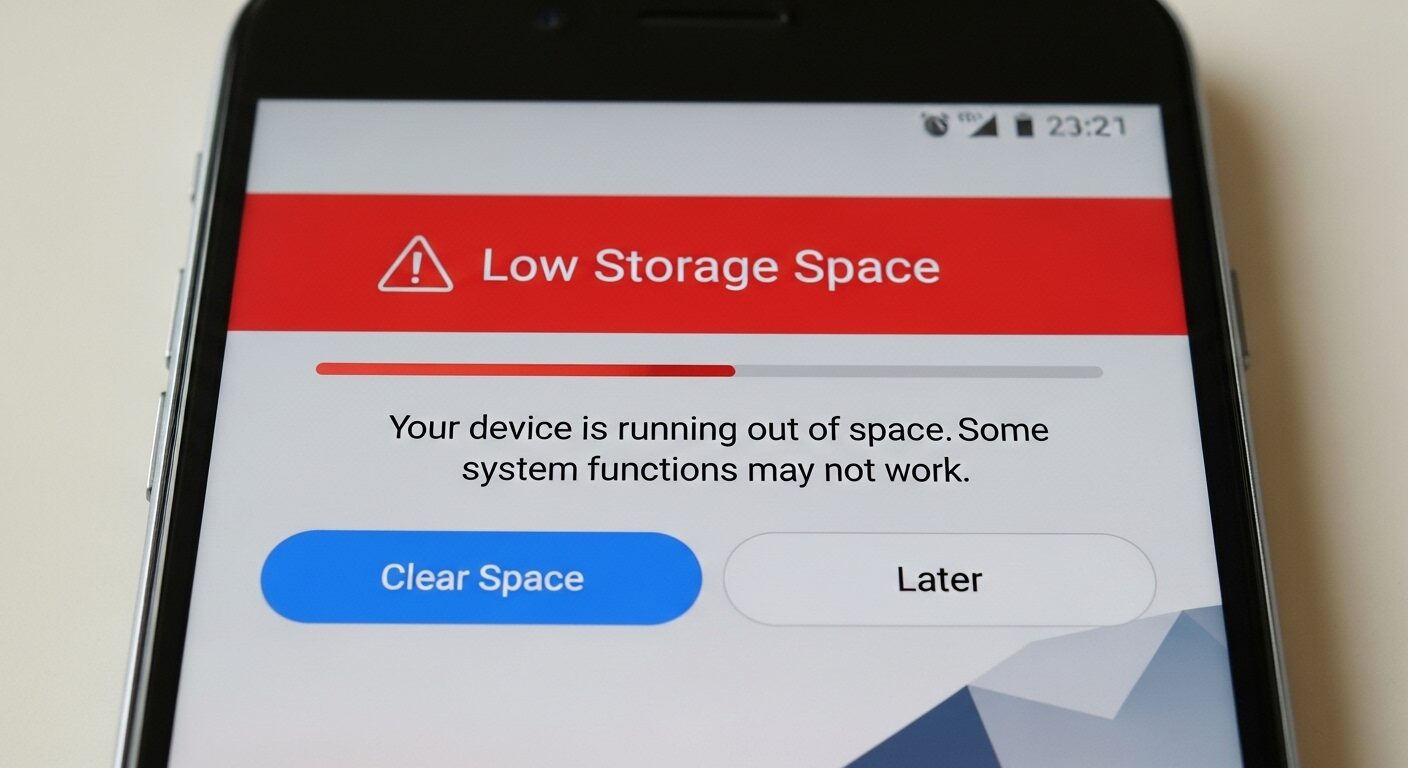 스마트폰 화면에 저장공간 부족 알림이 표시된 모습