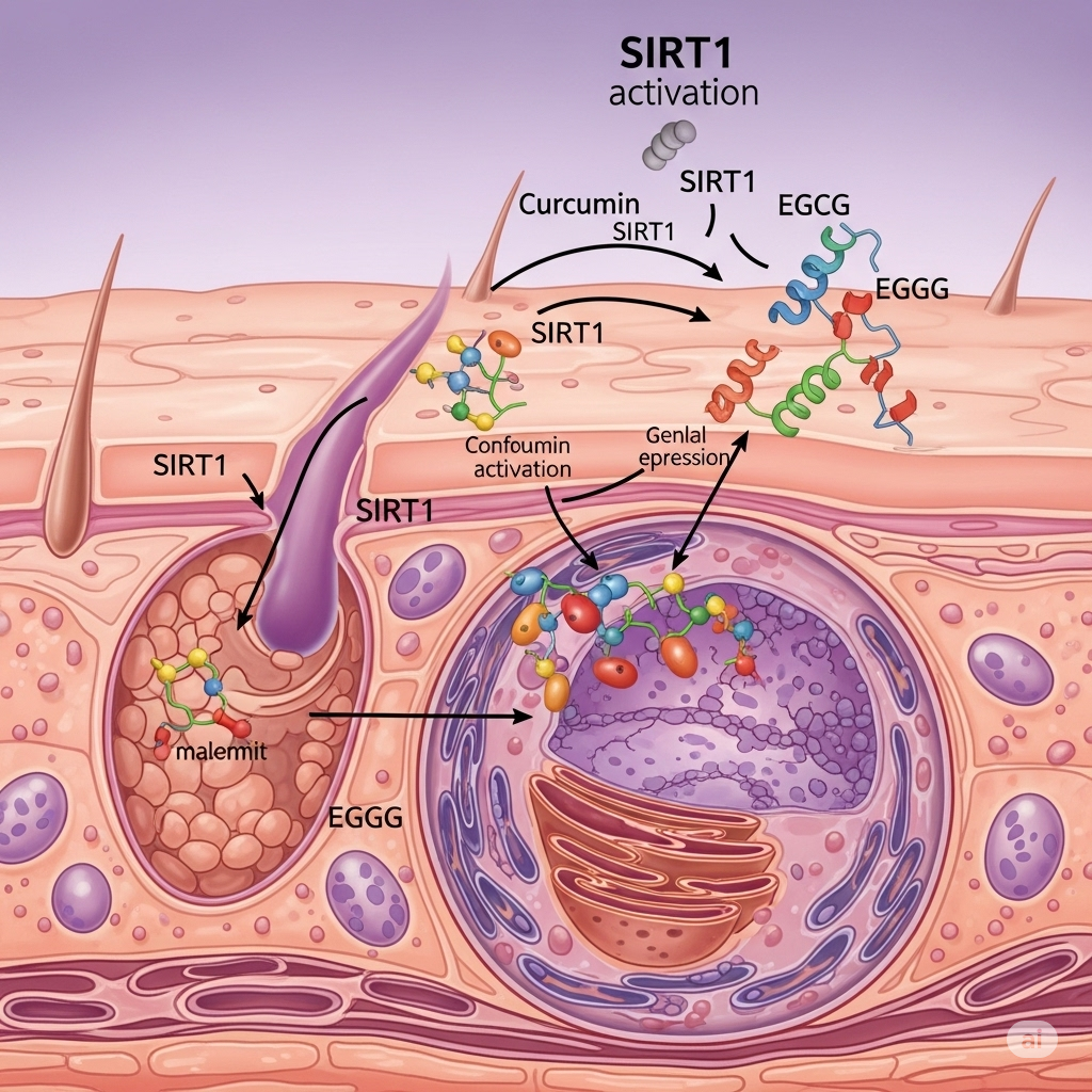 피부 세포 내에서 커큐민과 EGCG에 의한 SIRT1 활성화의 분자 메커니즘을 보여주는 그림