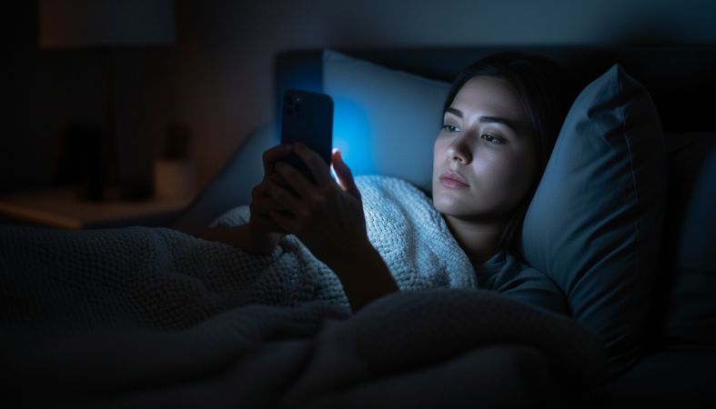 취침 전 스마트폰 사용으로 블루라이트에 노출되는 장면