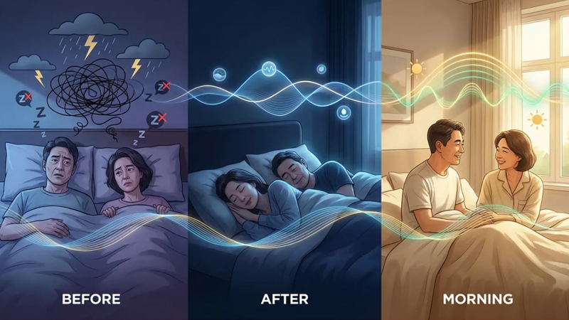 밤마다 잠 못 이루던 중장년 남녀가 과학적인 수면법으로 깊은 잠을 자고 아침에 상쾌하게 일어나는 Before/After 모습. 꿀잠 자는 법과 수면 개선.