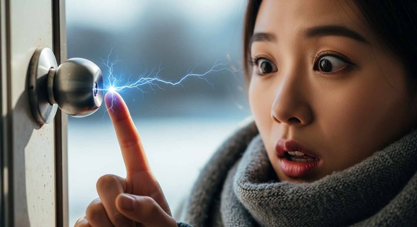 겨울철 옷 정전기로 인해 깜짝 놀라며 찌릿함을 느끼는 여성의 모습