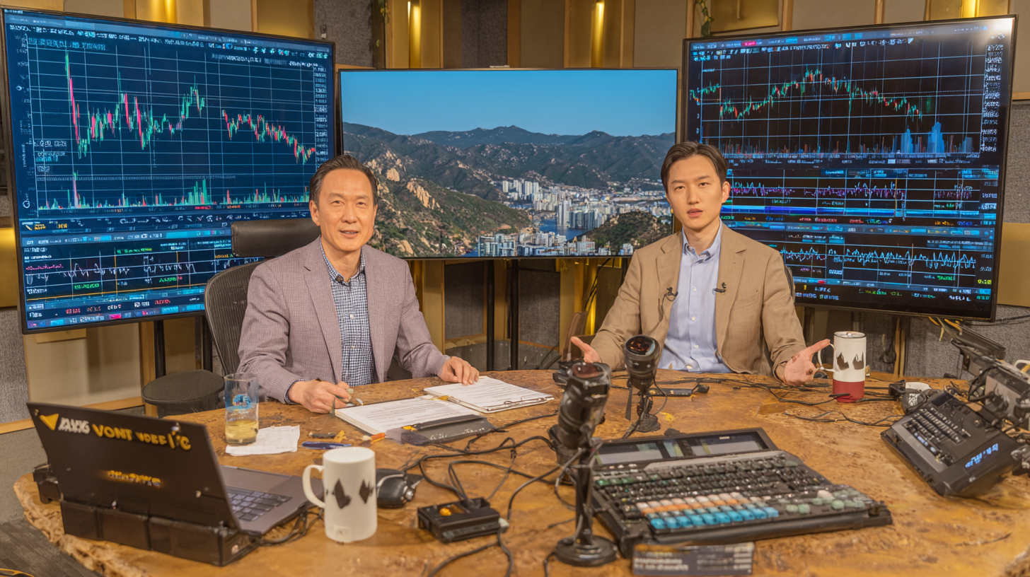 금값 전망에 대해 토론 중인 한국 전문가들, 배경 벽면 스크린에는 상승 곡선의 황소 상징과 하락 곡선의 곰 상징이 갈라져 표시