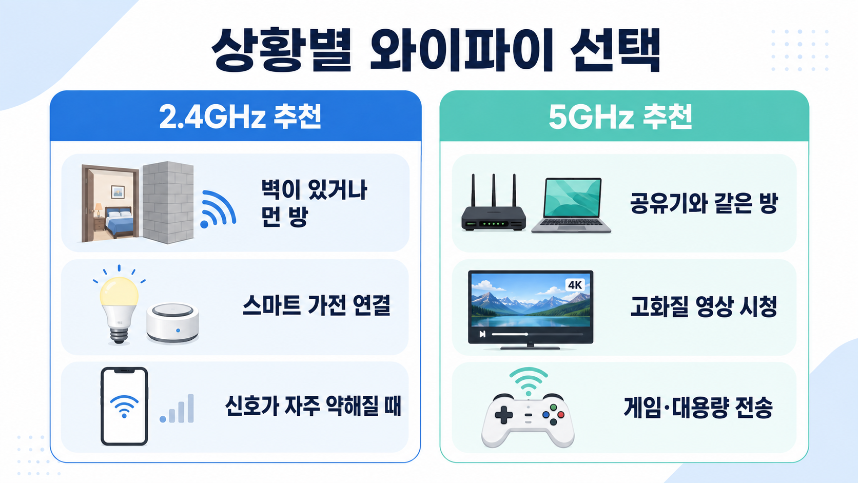 사용 상황별 2.4GHz·5GHz 선택표