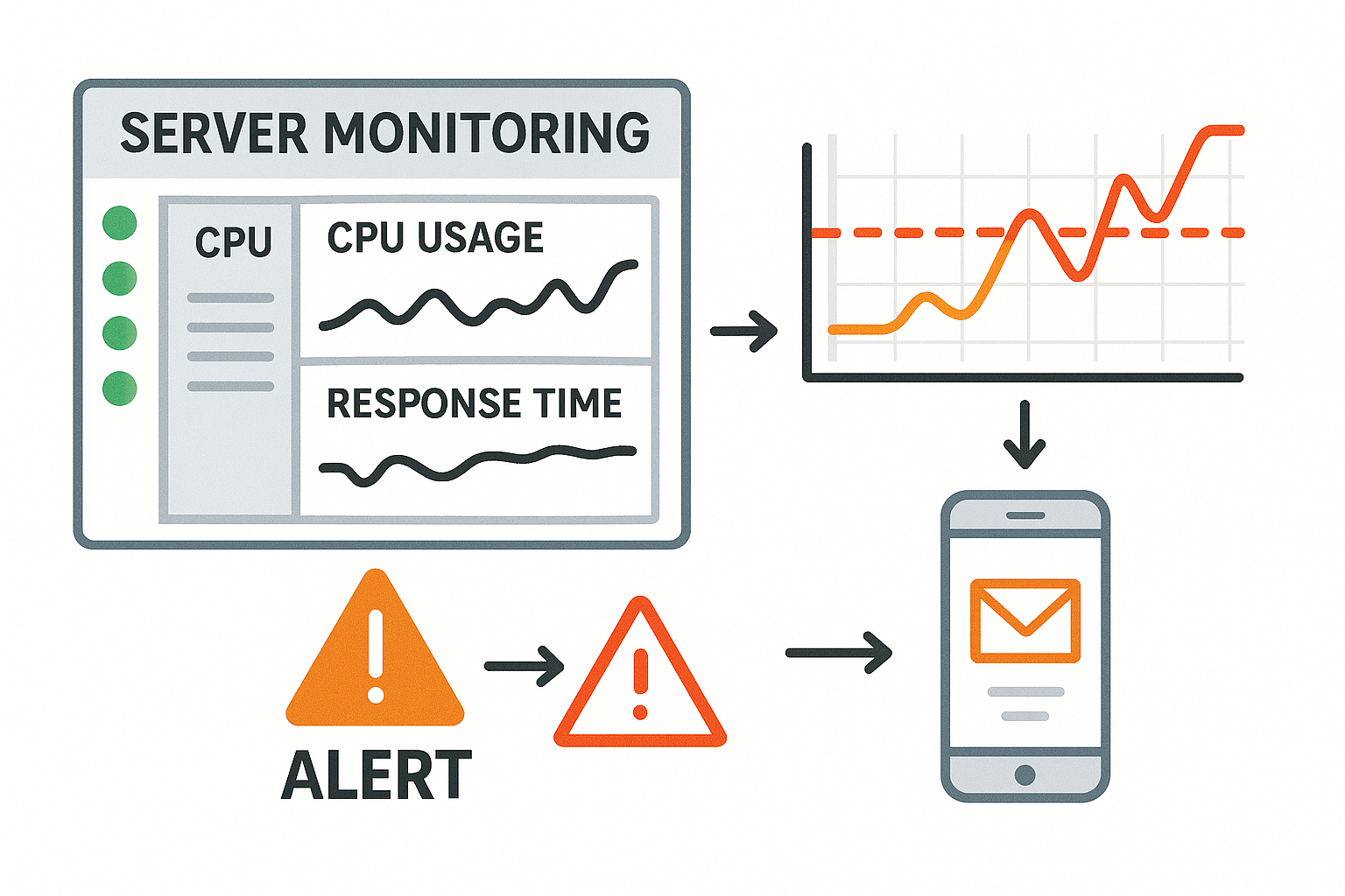 서버 모니터링 대시보드에서 CPU와 응답 시간 그래프를 보고 임계값 초과 시 알림을 받아 장애를 인지하는 과정을 단계별로 나타낸 다이어그램