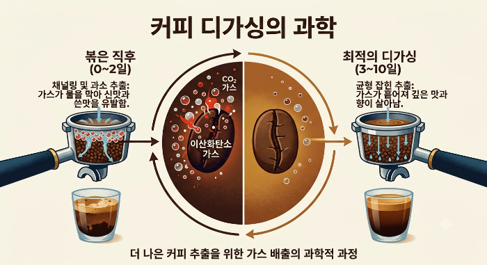 '커피 디가싱의 과학'이라는 제목의 인포그래픽 이미지. 중앙에는 반으로 나뉜 원두가 그려져 있으며, 왼쪽은 갓 볶은 원두에서 이산화탄소 가스가 격렬하게 방출되는 모습, 오른쪽은 가스가 안정화된 최적의 원두 모습을 보여줍니다. 왼쪽에는 '볶은 직후(0~2일)' 단계로, 가스가 물을 막아 채널링과 과소 추출이 일어나 거품이 많은 에스프레소가 추출되는 포타필터 단면도가 그려져 있습니다. 오른쪽에는 '최적의 디가싱(3~10일)' 단계로, 가스가 흩어져 물이 고르게 침투해 균형 잡힌 에스프레소가 추출되는 단면도가 대조되어 나타납니다. 하단에는 '더 나은 커피 추출을 위한 가스 배출의 과학적 과정'이라는 설명이 한글로 표기되어 있습니다.