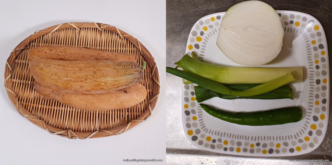 노각 무침 재료로 들어갈 노각과 야채(파, 양파, 고추) 사진