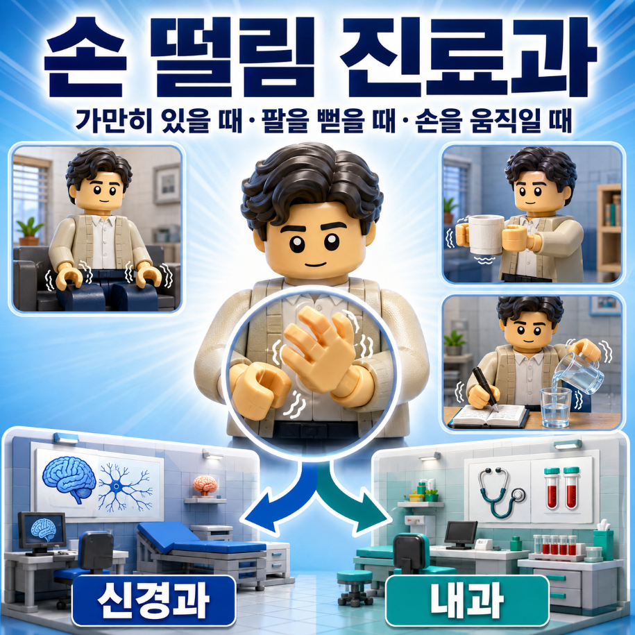 가만히 있을 때와 팔을 뻗거나 손을 움직일 때 나타나는 손 떨림에 따라 신경과와 내과 진료를 안내하는 대표 이미지