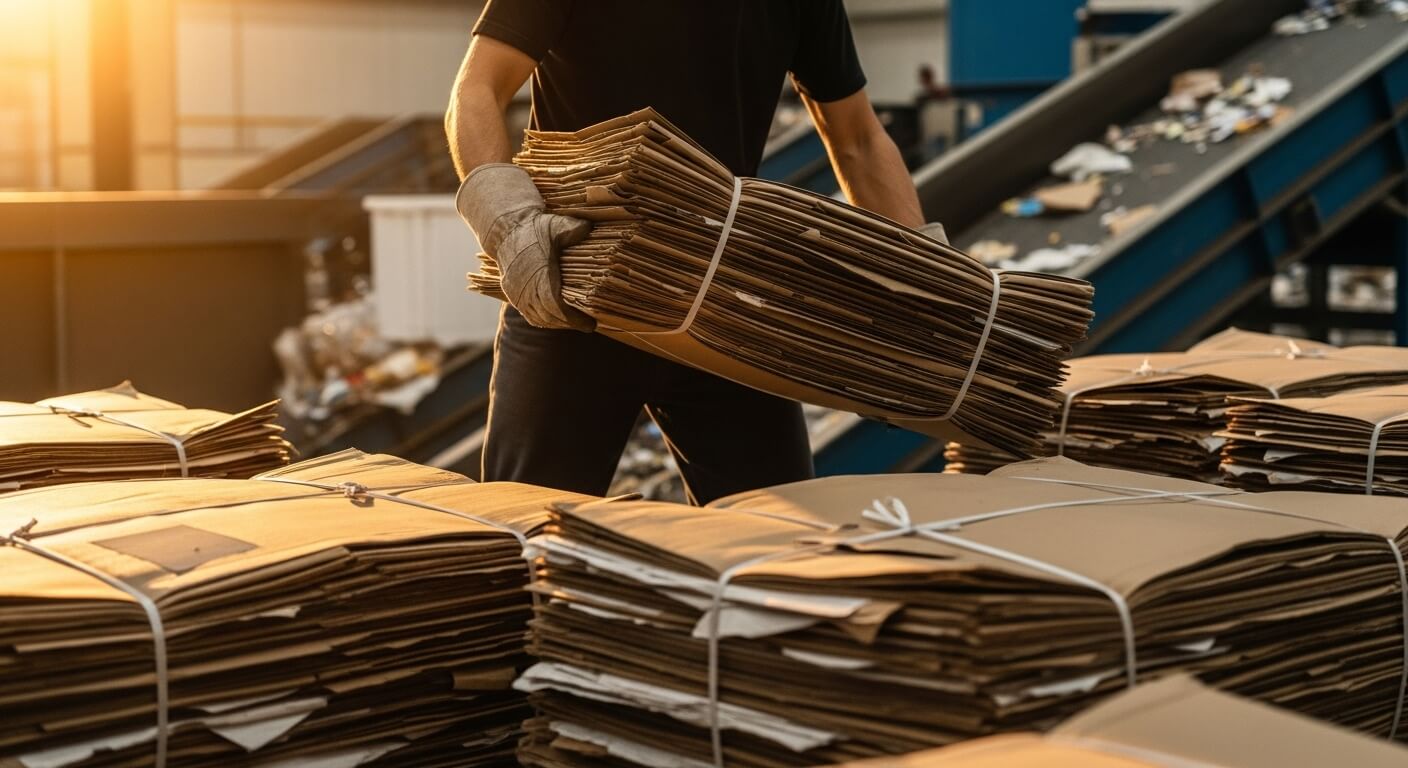 재활용 공장에서 작업자가 골판지 묶음을 정리하는 모습